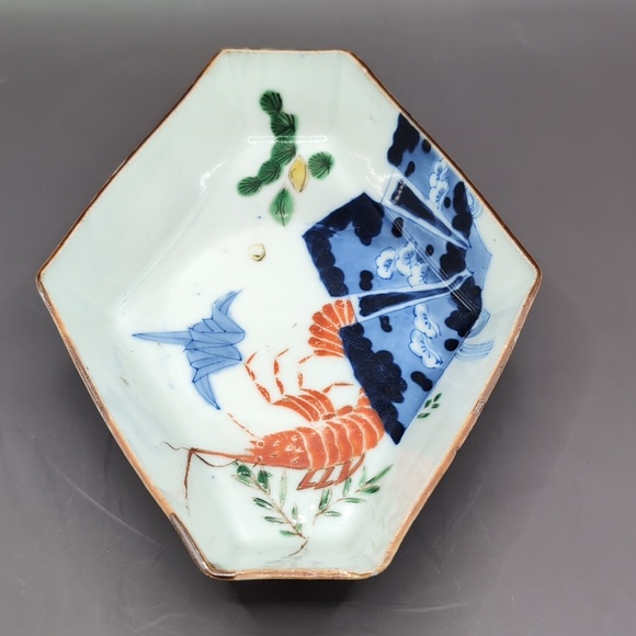 Antique Japanese Imari Porcelain Hexagonal Serving Bowl Dish Shrimp Crane Motif - Picture 4 of 14